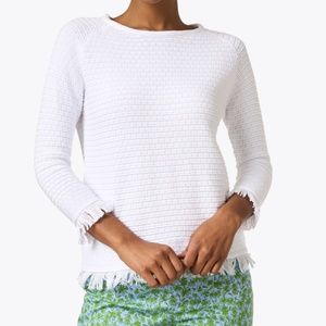 Kinross White Cotton Textured Fringe Pullover